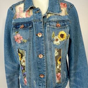 Upcycled Floral Embroidered Distressed Denim/Jean Jacket